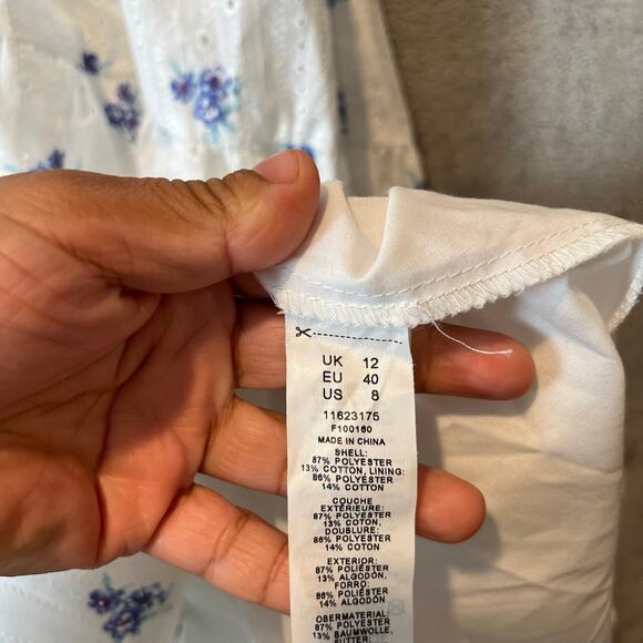 ASOS EDITION Puff Sleeve Midi Dress Ditsy Floral Embroidered White Blue Size‎ 8 - Picture 7 of 9